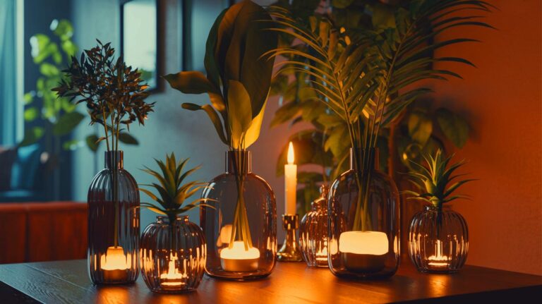 Illustration de bouteilles en verre transformées en objets déco tendance (généré par IA). Credit: Ideogram.