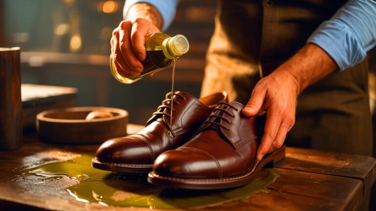 Illustration de l'entretien des chaussures en cuir avec de l'huile d'olive (généré par IA). Credit: Ideogram.