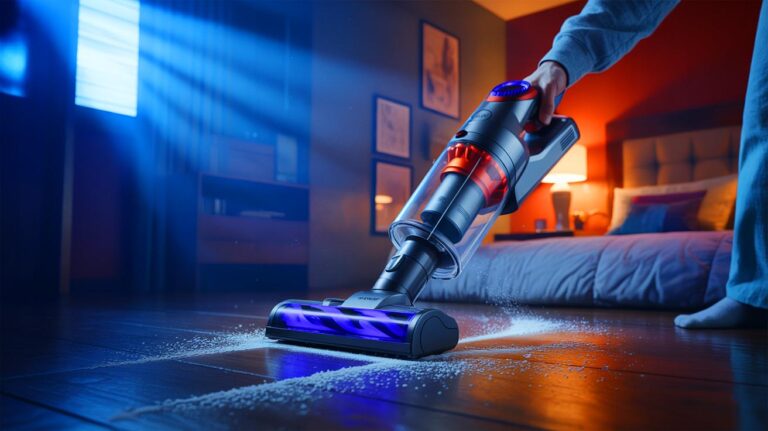 Illustration de l'utilisation d'un aspirateur à main pour réduire les allergènes dans une chambre (généré par IA). Credit: Ideogram.