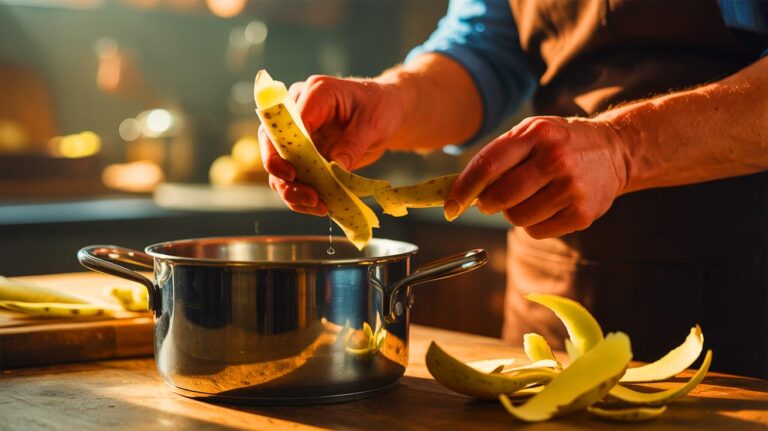 Illustration de l'utilisation d'épluchures de pommes de terre pour nettoyer efficacement des casseroles.