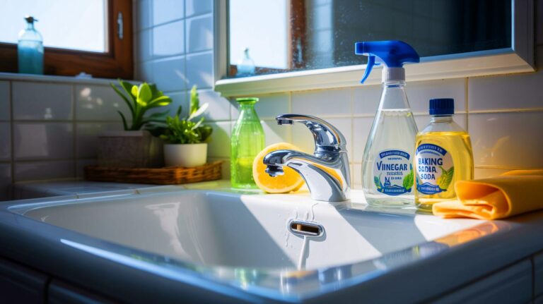 Illustration de l'usage de produits naturels pour un nettoyage écologique de la salle de bain.