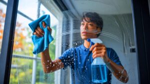 Illustration de l'utilisation de l'eau déminéralisée pour un nettoyage des vitres sans traces.