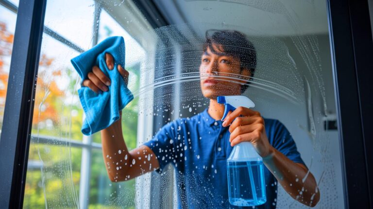 Illustration de l'utilisation de l'eau déminéralisée pour un nettoyage des vitres sans traces.